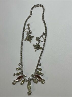 Vintage Continental Crystal Drop Necklace and Star Earrings Set - Silver Tone